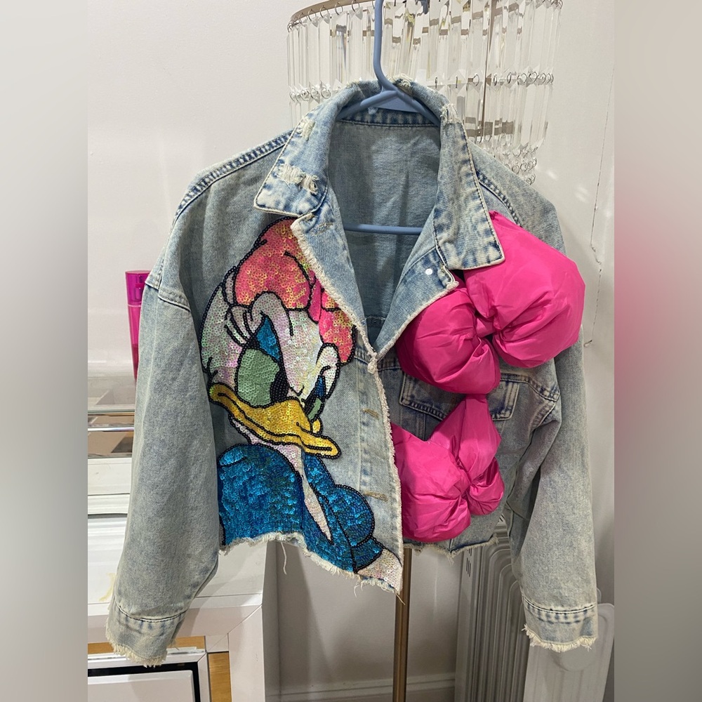 Denim Jacket with Cartoon Patch and Pink Accents